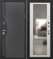 Входная дверь VERSO (Букле серый/муар черный накладной элемент/ФЗ-6 Беленый дуб Зеркало)