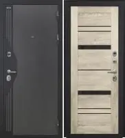 Входная дверь VERSO (Букле серый/муар черный накладной элемент/СБ-32 Шале светло-серый Черный лакобель)
