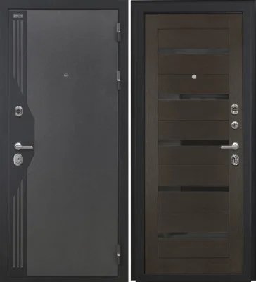 Входная дверь VERSO (Букле серый/муар черный накладной элемент/СБ-1 Орех рифленый Черный лакобель)
