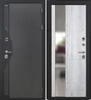 Входная дверь VERSO (Букле серый/муар черный накладной элемент/ФЗ-1 Ривьера Айс Зеркало с фацетом)