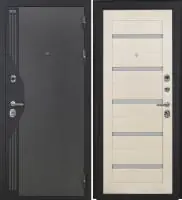 Входная дверь VERSO (Букле серый/муар черный накладной элемент/СБ-1 Кремовая лиственница Матовое)