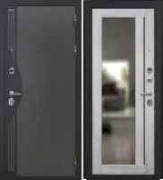 Входная дверь VERSO (Букле серый/муар черный накладной элемент/ФЗ-3 Ривьера айс Царговая с зеркалом) зеркалом)