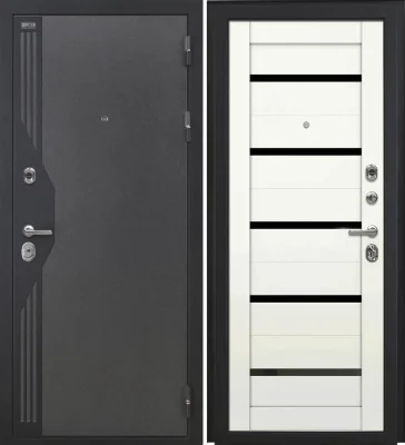 Входная дверь VERSO (Букле серый/муар черный накладной элемент/СБ-1 Белый бланко Черный лакобель)