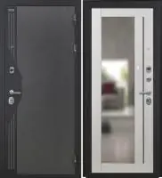 Входная дверь VERSO (Букле серый/муар черный накладной элемент/ФЗ-3 Глянец Царговая с зеркалом)