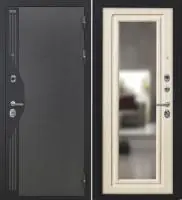 Входная дверь VERSO (Букле серый/муар черный накладной элемент/ФЗ-4 Кремовая лиственница Зеркало)