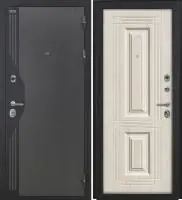 Входная дверь VERSO (Букле серый/муар черный накладной элемент/Ф-2 Лиственница беленая Глухое)