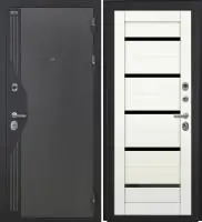 Входная дверь VERSO (Букле серый/муар черный накладной элемент/КС-1 Арктик Черный лакобель)