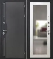 Входная дверь VERSO (Букле серый/муар черный накладной элемент/ФЗ-5 Глянец Зеркало)