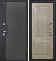 Входная дверь VERSO (Букле серый/муар черный накладной элемент/КС-10 Дуб дорато Глухое)