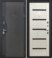 Входная дверь VERSO (Букле серый/муар черный накладной элемент/КС-1 Глянец Черный лакобель)