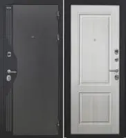 Входная дверь VERSO (Букле серый/муар черный накладной элемент/Ф-14 Сандал белый Глухое)