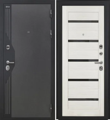 Входная дверь VERSO (Букле серый/муар черный накладной элемент/СБ-1 Эшвайт Черный лакобель)