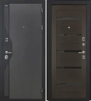 Входная дверь VERSO (Букле серый/муар черный накладной элемент/СБ-1 Орех рифленый Черный лакобель)