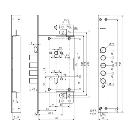 Замок врезной цилиндровый редукторного типа с защелкой Гардиан 72.16 Т