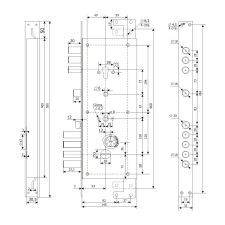 Замок врезной комбинированный со сменным кодовым ротором, защелкой, задвижкой и вертикальным приводом Гардиан 25.14 ДТ