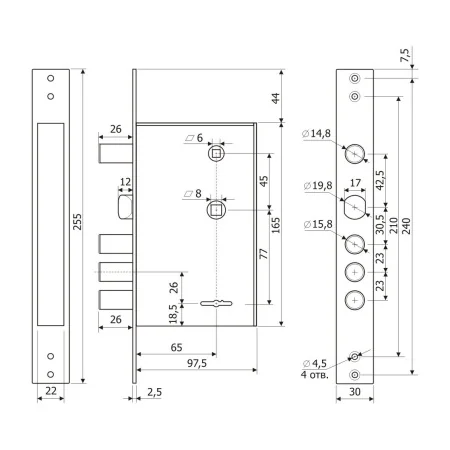 Замок врезной сувальдный с защелкой и задвижкой Гардиан 30.15