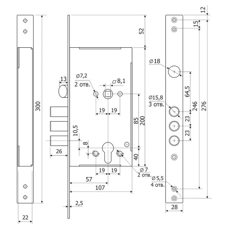 Замок врезной цилиндровый с защелкой Гардиан 62.11