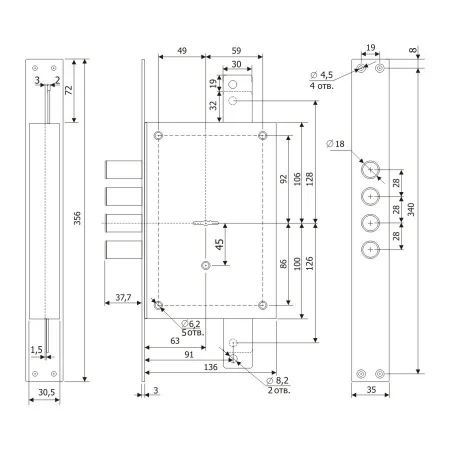 Замок врезной сувальдный с вертикальным приводом Гардиан 20.02 Т