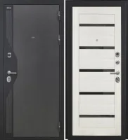 Входная дверь VERSO (Букле серый/муар черный накладной элемент/СБ-1 Эшвайт Черный лакобель)